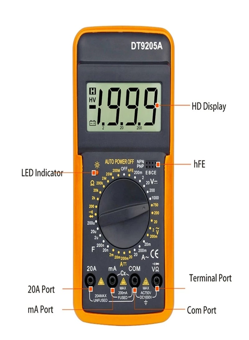 DT9502A Digital Ammeter Voltmeter Multifunction Multimeter Intelligent Digital Multimeter AC/DC Resistance Capacitance Transistor Tester Backlight NCV Ammeter Ships Without Battery Yellow - Image 5