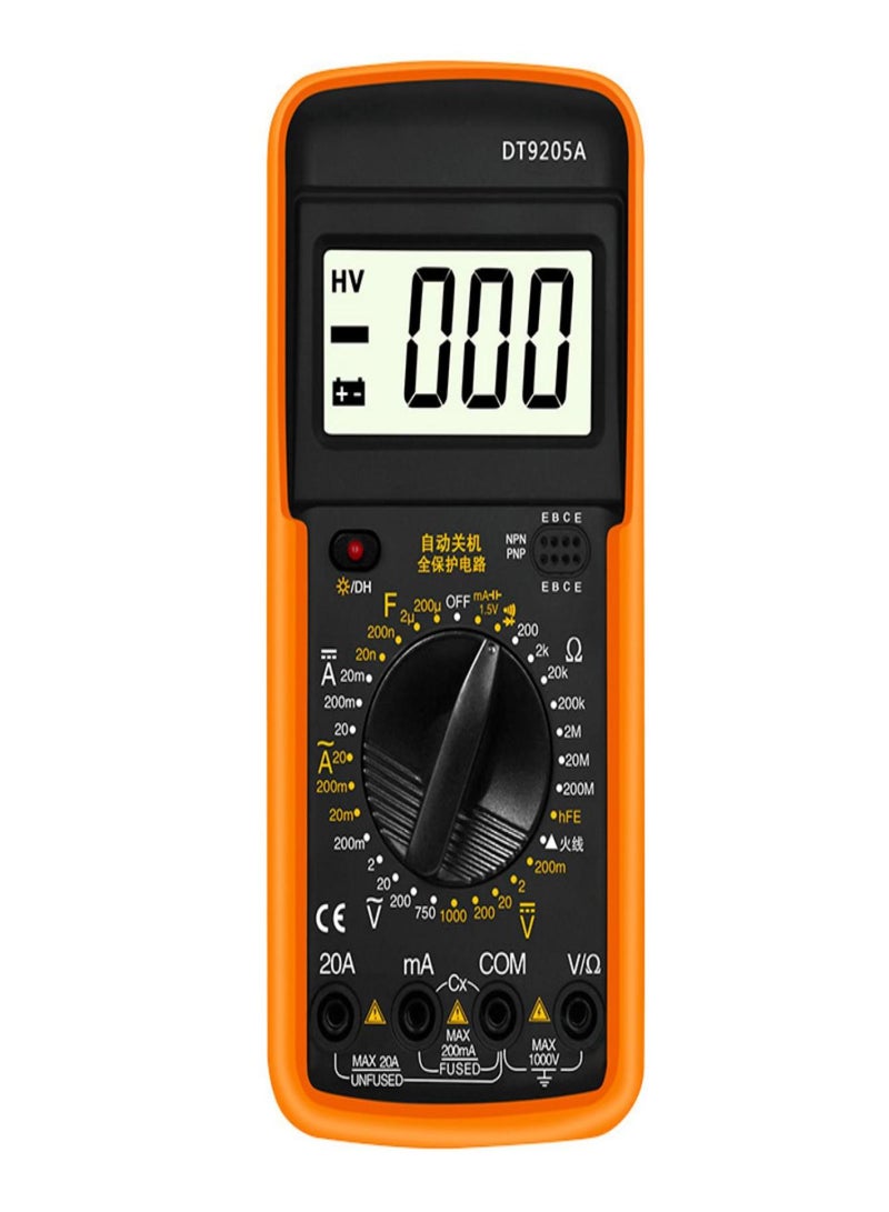 DT9502A Digital Ammeter Voltmeter Multifunction Multimeter Intelligent Digital Multimeter AC/DC Resistance Capacitance Transistor Tester Backlight NCV Ammeter Ships Without Battery Yellow - Image 1