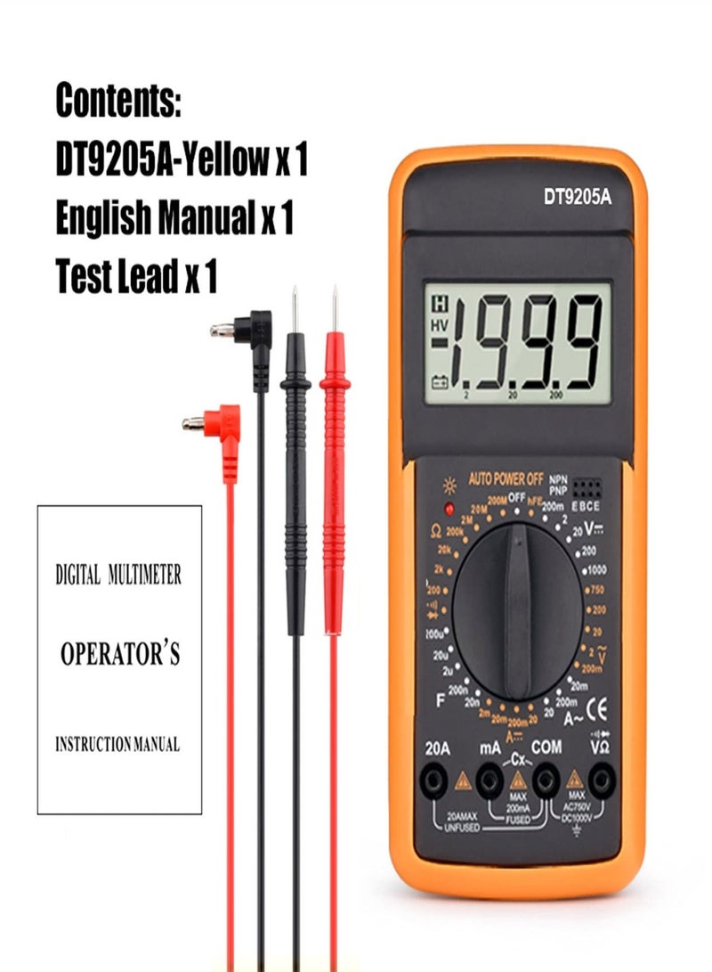 DT9502A Digital Ammeter Voltmeter Multifunction Multimeter Intelligent Digital Multimeter AC/DC Resistance Capacitance Transistor Tester Backlight NCV Ammeter Ships Without Battery Yellow - Image 3