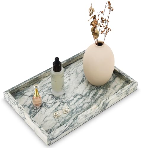 Zilukar Real Natural Marble Tray for Bathroom, Vanity, Kitchen and Desktop, Rectangle Genuine Marble Stone Tray for Jewelry, Cosmetics, Candles, Lotion, Perfume (Cyan-Green, 12" x 8" x 1.2") - Image 1