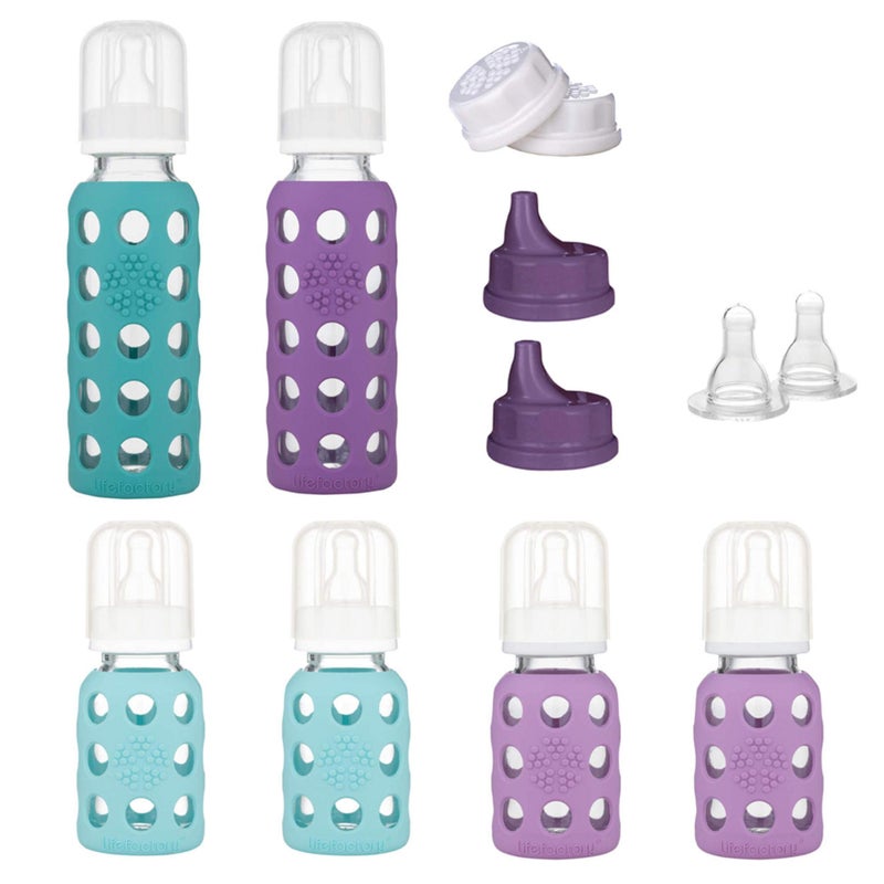 Lifefactory Baby Bottle Starter Set 12-Piece | 4 oz Mint & Lavender, 9 oz Kale & Grape | Includes Flat Caps, Sippy Caps, Stage 3 Nipples - Image 1