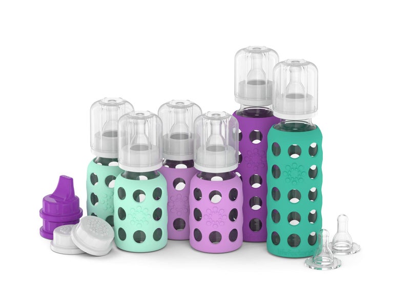 Lifefactory Baby Bottle Starter Set 12-Piece | 4 oz Mint & Lavender, 9 oz Kale & Grape | Includes Flat Caps, Sippy Caps, Stage 3 Nipples - Image 2