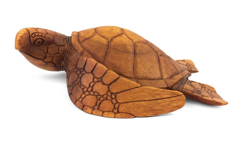 G6 Collection Wooden Hand Carved Sea Turtle Tortoise Statue Figurine Sculpture Handcrafted Handmade Home Decor Rustic Seaside Tropical Nautical Ocean Coastal 8 Long