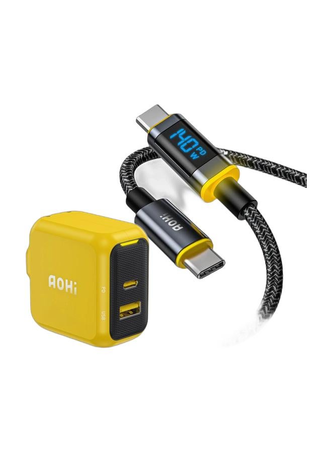 AOHI Magcube 67W USB-C Fast Charger GaN+ Dual-Port – UK Plug, PD Charger for MacBook, iPad, iPhone, Samsung Galaxy, USB-C Laptops, Tablets, Smartphones – Compact, High-Speed, Safe Charging (Yellow/Black) & AOHI Magline+ 140W Nylon USB-C to USB-C Cable with LED Display, 1.2m Type-C Fast Charging Cable Cord, Compatible with iPhone 17 Pro Max, Galaxy, MacBook Pro/Air, iPad Pro/Air, Pixel and MoreBundle - Image 1