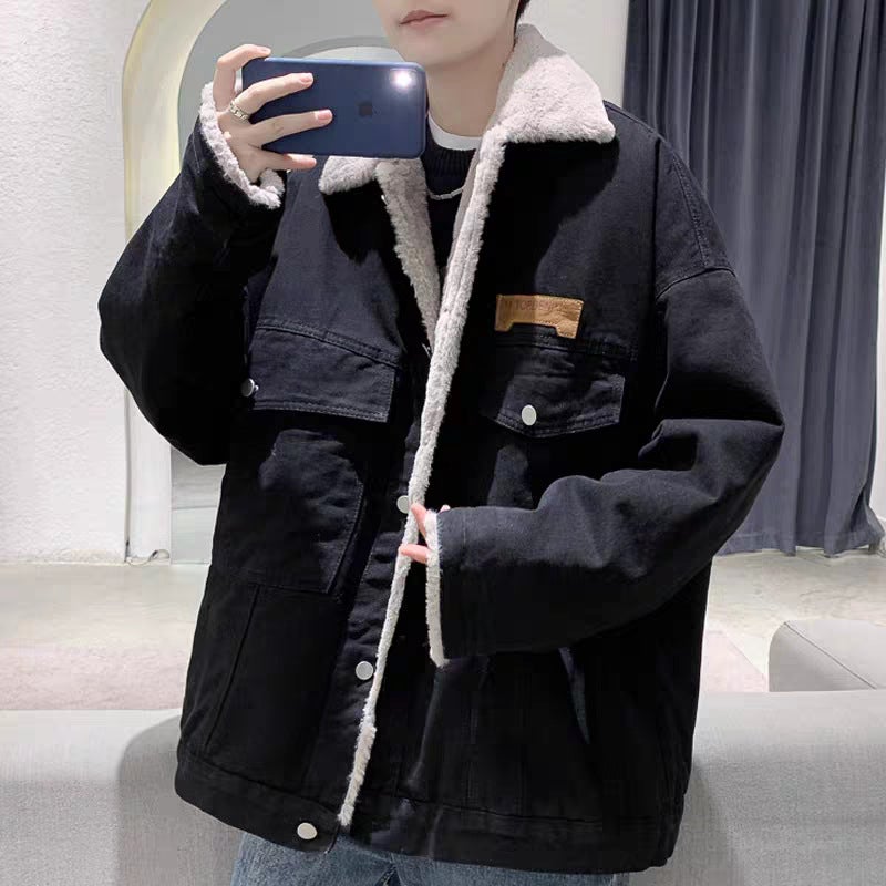 Fleece-lined thickened Denim cotton-padded coat mens winter Hong Kong style loose lamb wool cotton-padded coat fashion brand retro couple cotton-padded jacket Black - Image 1