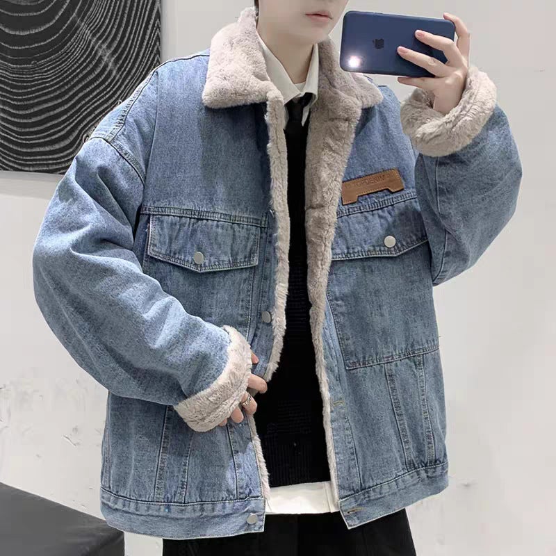 Fleece-lined thickened Denim cotton-padded coat mens winter Hong Kong style loose lamb wool cotton-padded coat fashion brand retro couple cotton-padded jacket Black - Image 2