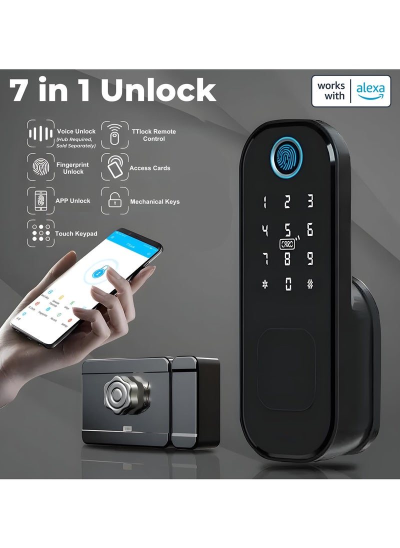 LUMIVE - Lumive SafeGuard GT5, a Weatherproof Smart Rimlock Lock, Comes with Fingerprint Entry, Passcodes, App Unlock, 5 Cards, and  TTlock FOB Remote Fits Doors 30-60mm(Supports Remote Unlock, Hub Required) - Image 1