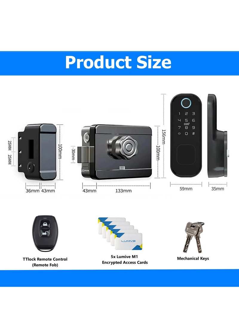 LUMIVE - Lumive SafeGuard GT5, a Weatherproof Smart Rimlock Lock, Comes with Fingerprint Entry, Passcodes, App Unlock, 5 Cards, and  TTlock FOB Remote Fits Doors 30-60mm(Supports Remote Unlock, Hub Required) - Image 1