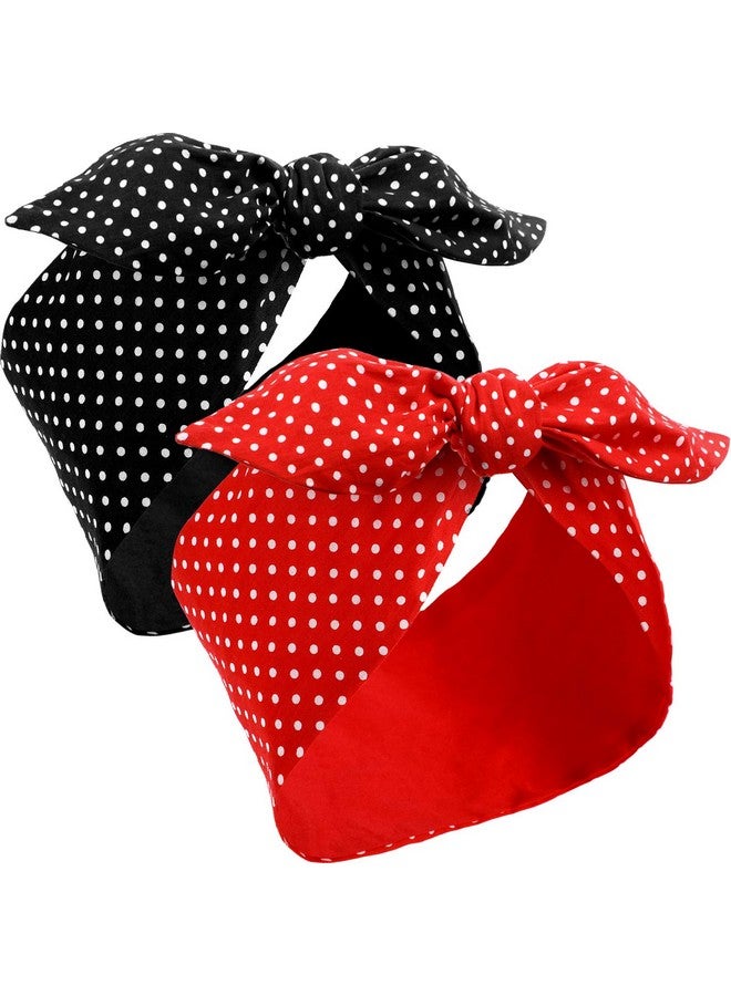 Hicarer 2 Pieces Polka Dot Headband Bandana Headband 50S Costume Hair Accessories Bows Wide Headwrap For Women And Girls (Small Dots Red Black)  - Image 1