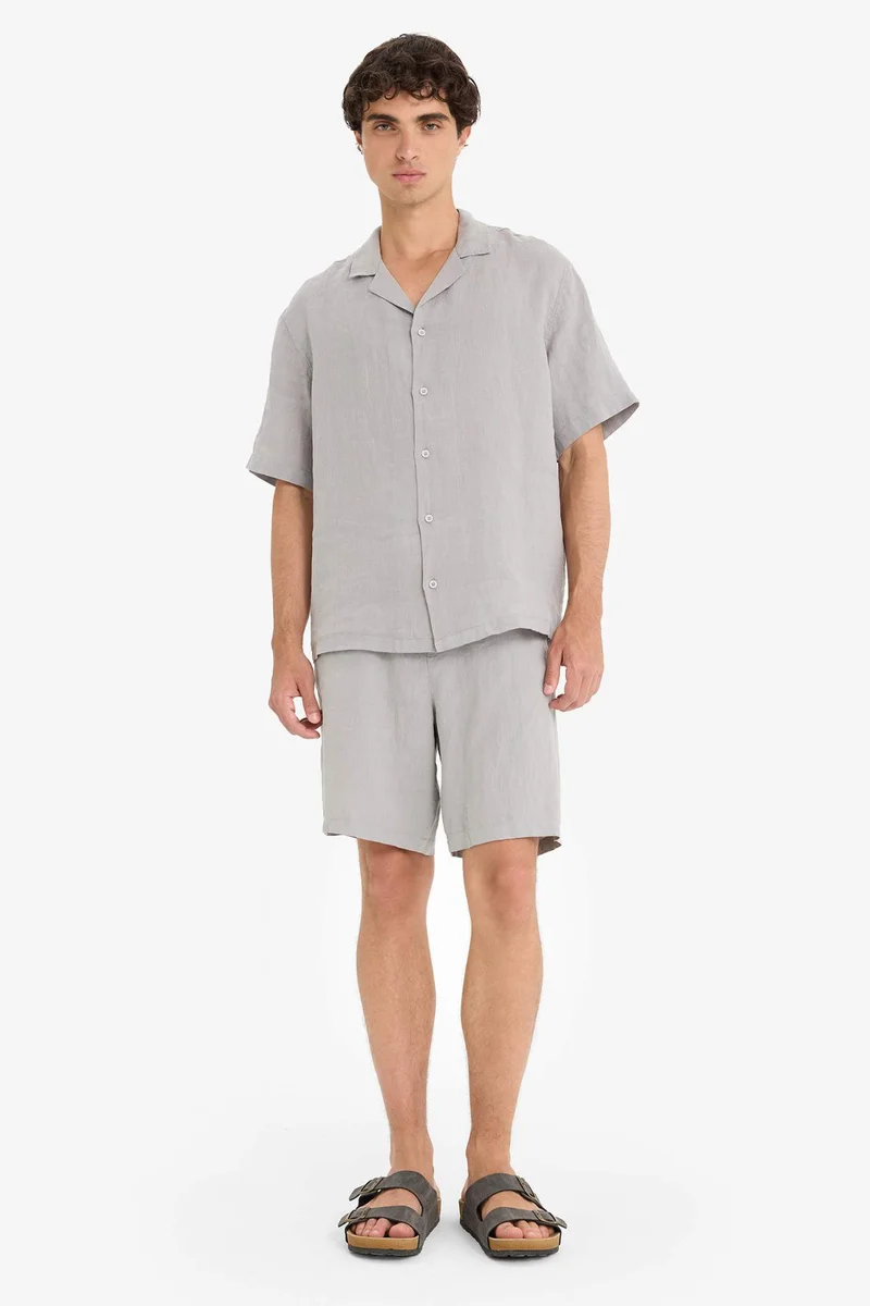 ديفاكتو Linen Relax Fit Open Neck Short Sleeve Shirt