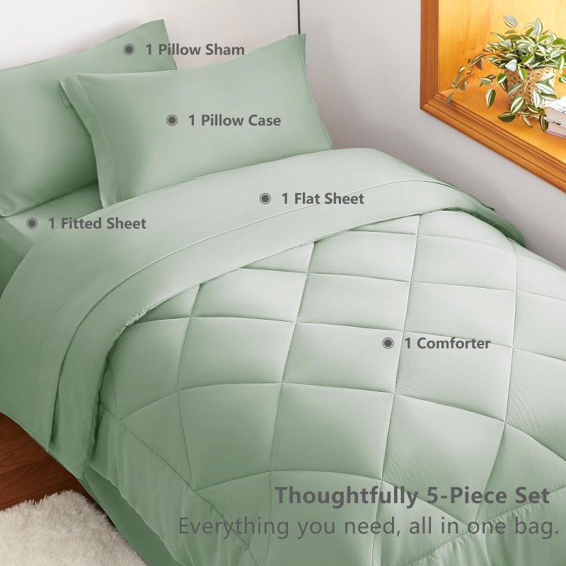 CozyLux Twin Comforter Set with Sheets Sage Green - 5 Pieces Bed in a Bag Twin, All Season Bed Set for Girls and Boys, Bedding Set with Down Alternative Comforter, Sheets, Pillowcase & Sham - Image 3