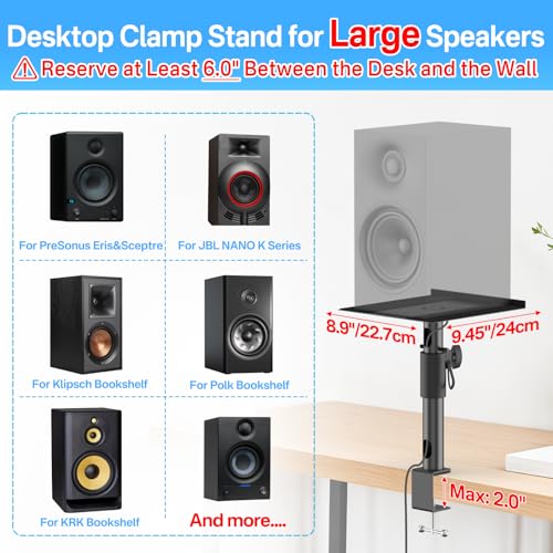 Yibracki Desk Clamp Speaker Stands for Edifier, KRK, Klipsch, Polk, Yamaha Large Speakers with Cable Management, Heigh & Angle Adjustable Studio Monitor Stands for PreSonus, JBL Nano K Wr Headphone Holder - Image 2
