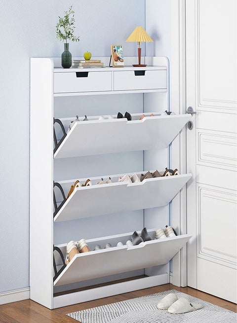 4-Tier Household Upgraded Tipping Bucket Design Shoe Rack With Drawers Large Space Shoe Organizer Cabinet Storage 15mm Thick Wood Rack 60 x 17 x 125 Centimeter