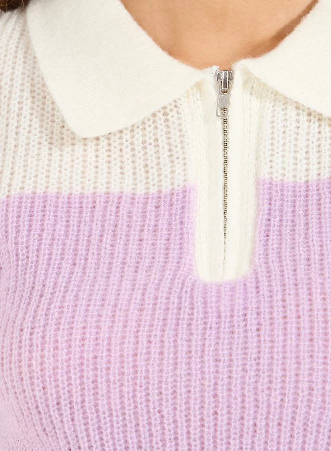 Styli Color Block Half Zip Knit Polo T-Shirt