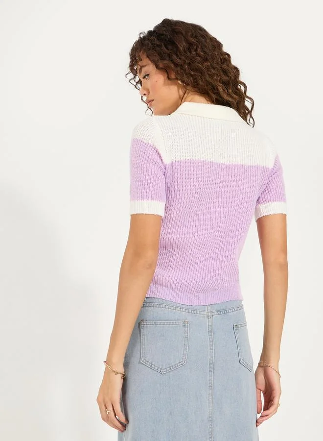 Styli Color Block Half Zip Knit Polo T-Shirt