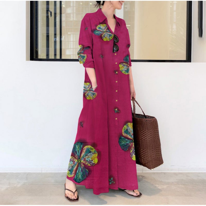 Oversized Cotton Linen Printed Polo Collar Long Sleeve Pocket Shirt Dress Maxi Dress - Image 3