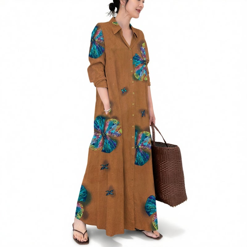 Oversized Cotton Linen Printed Polo Collar Long Sleeve Pocket Shirt Dress Maxi Dress - Image 1