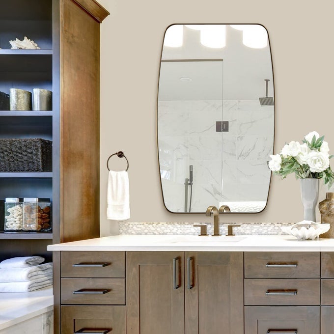 GOLD OVAL MIRRORS FOR BATHROOM LARGE 24X36 BRUSHED GOLD METAL FRAMED OBLONG WALL MIRROR MODERN BRASS VANITY MIRROR IN STAINLESS STEEL FRAME WALL MOUNT HORIZONTAL OR VERTICAL