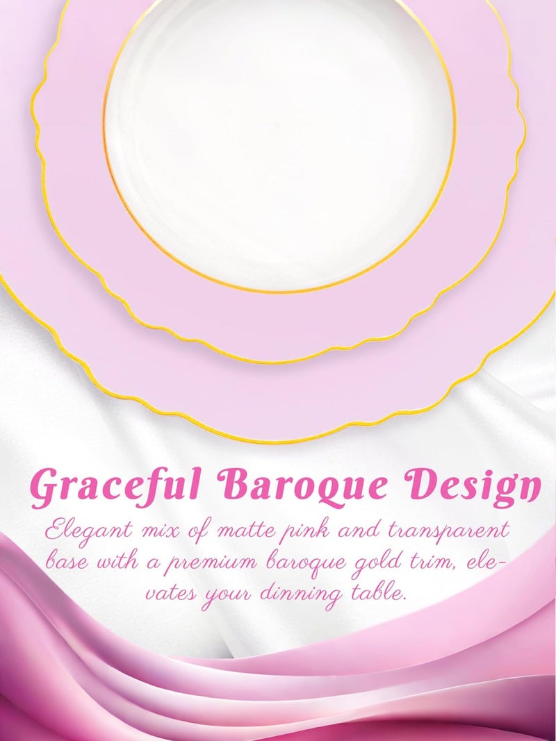 WDF 60Pcs Pink Plates Disposable with Gold Rim - Baroque Clear Pink and Gold Plastic Party Plates Ideal for Wedding Baby Shower Spring Easter - Image 4