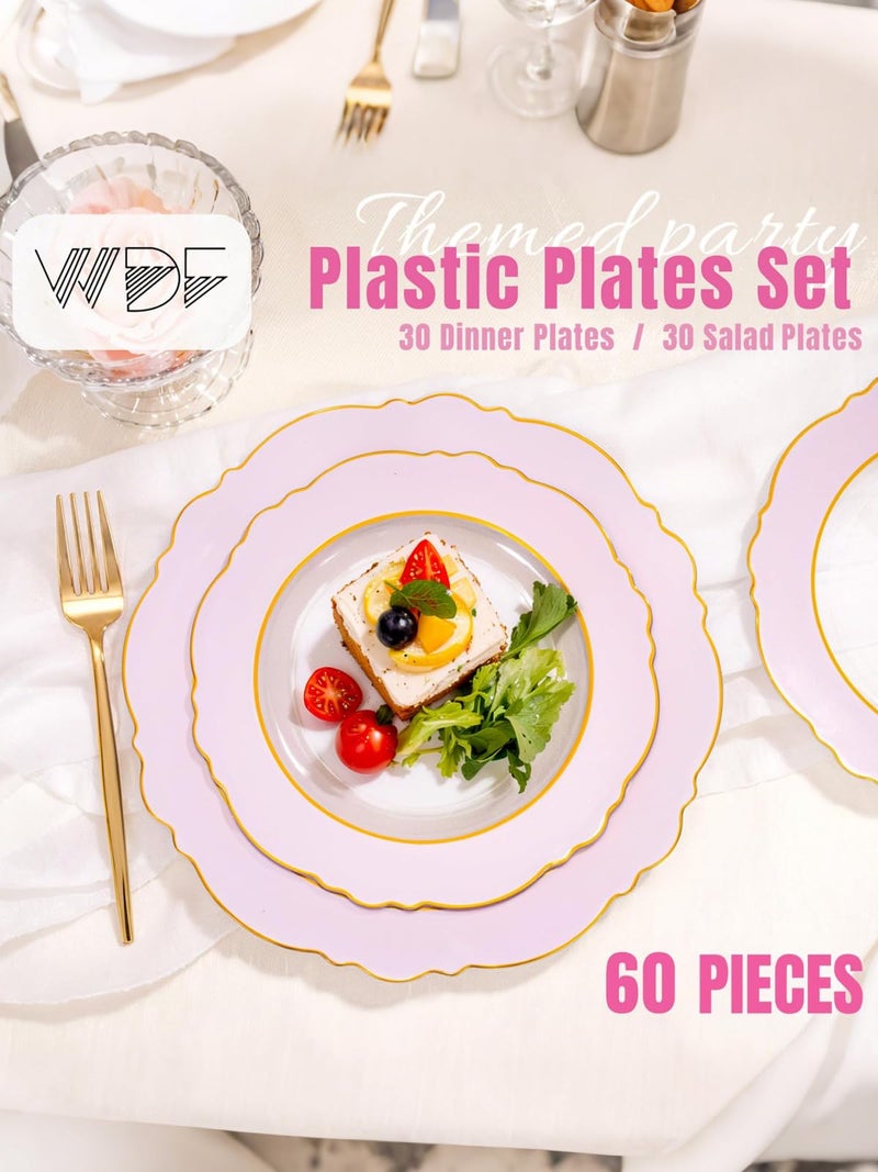WDF 60Pcs Pink Plates Disposable with Gold Rim - Baroque Clear Pink and Gold Plastic Party Plates Ideal for Wedding Baby Shower Spring Easter - Image 5