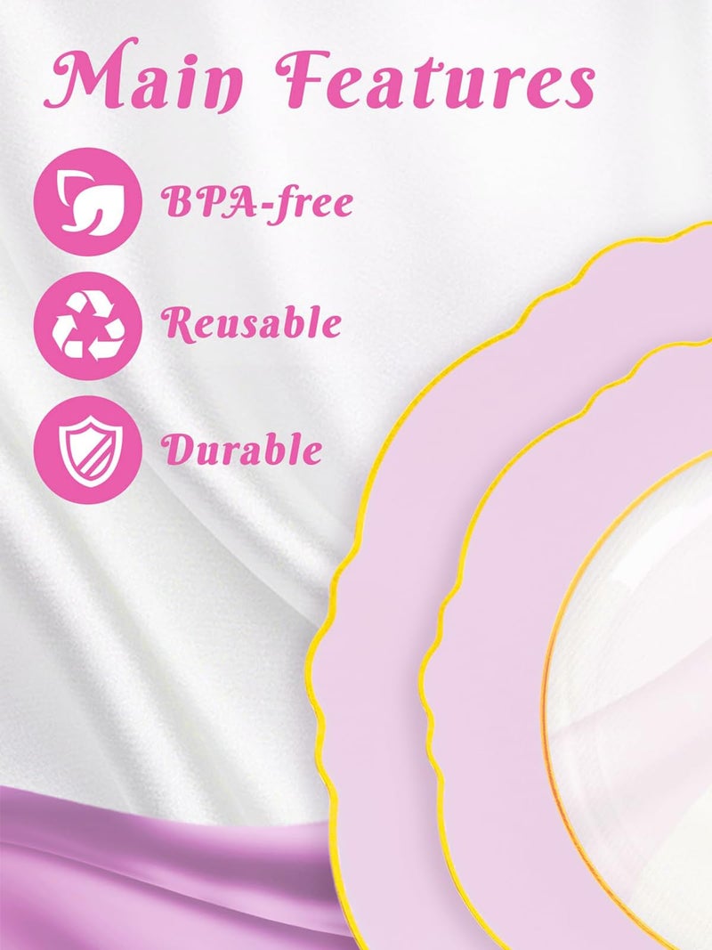 WDF 60Pcs Pink Plates Disposable with Gold Rim - Baroque Clear Pink and Gold Plastic Party Plates Ideal for Wedding Baby Shower Spring Easter - Image 3