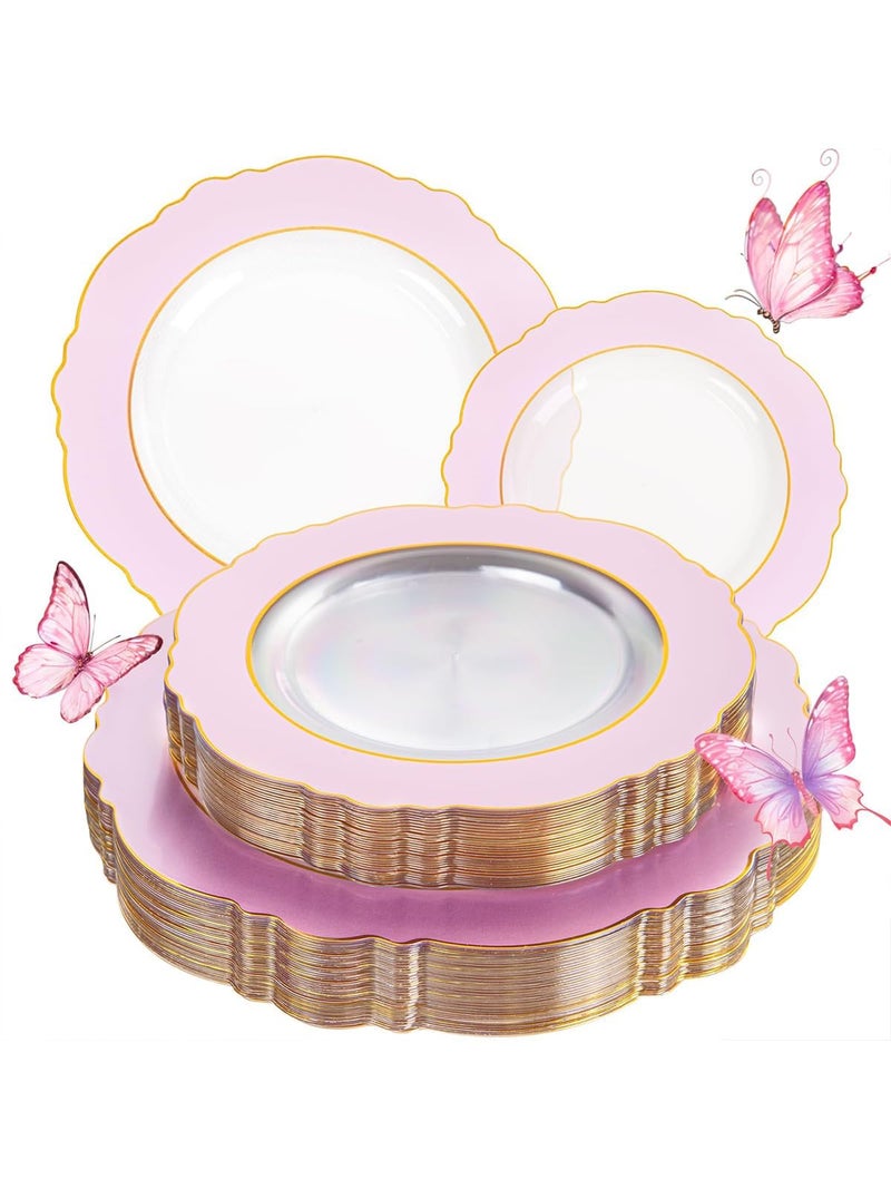 WDF 60Pcs Pink Plates Disposable with Gold Rim - Baroque Clear Pink and Gold Plastic Party Plates Ideal for Wedding Baby Shower Spring Easter - Image 1