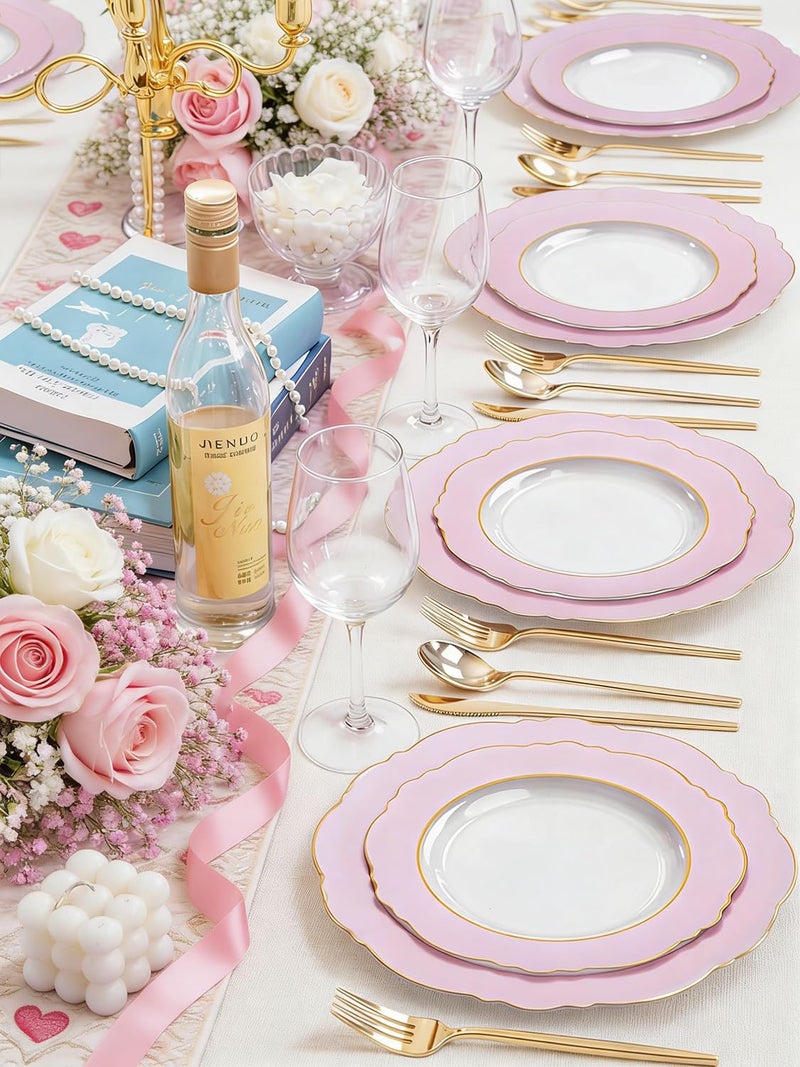 WDF 60Pcs Pink Plates Disposable with Gold Rim - Baroque Clear Pink and Gold Plastic Party Plates Ideal for Wedding Baby Shower Spring Easter - Image 2