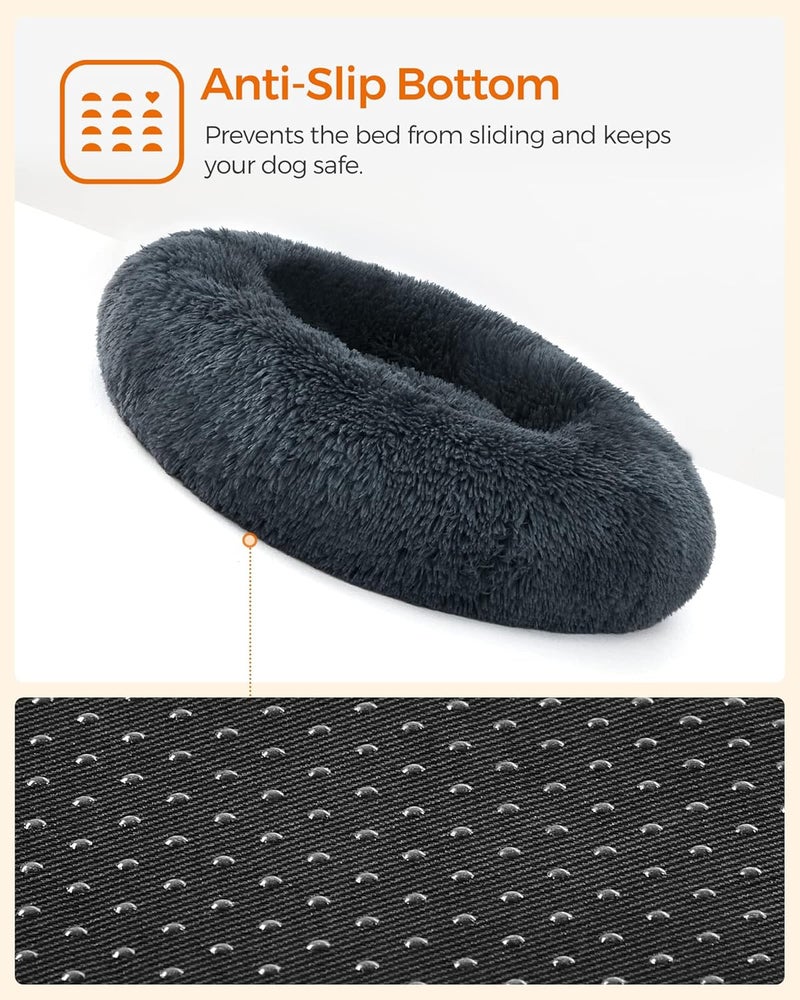 FEANDREA Dog Bed, Donut Cat Bed, Fluffy Calming Pet Bed with Removable, Washable Cover, Soft Long Plush, 80 cm, Dark Grey PGW040G02 - Image 5