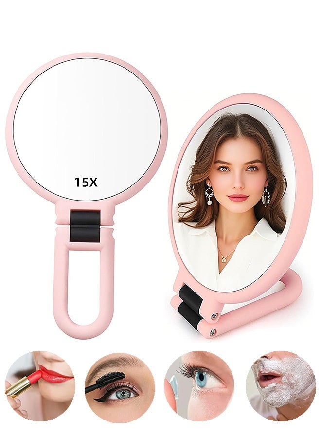 Photon Hand Held Vanity Mirror with Magnifying, Double Sided 1X 15X Magnification Hand Mirror,  Travel Double Sided Folding Mirror for Women for Makeup Travel Desk (Pink) - Image 1