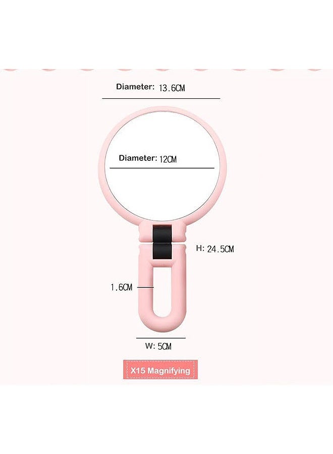 Photon Hand Held Vanity Mirror with Magnifying, Double Sided 1X 15X Magnification Hand Mirror,  Travel Double Sided Folding Mirror for Women for Makeup Travel Desk (Pink) - Image 2