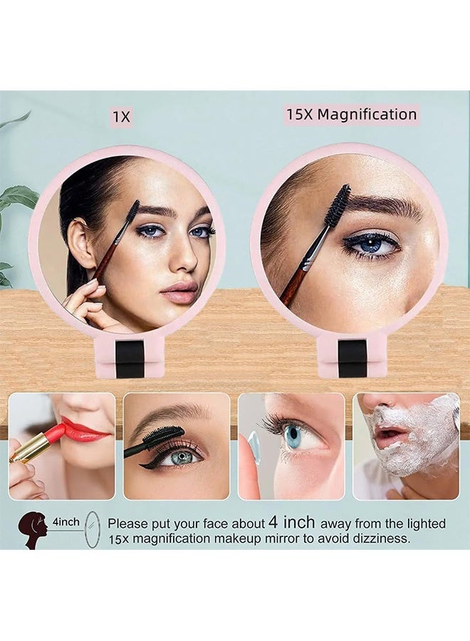 Photon Hand Held Vanity Mirror with Magnifying, Double Sided 1X 15X Magnification Hand Mirror,  Travel Double Sided Folding Mirror for Women for Makeup Travel Desk (Pink) - Image 3