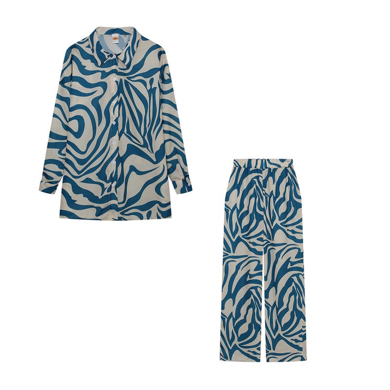 2024 cross-border version of street hipster printed pants suit long sleeve full print shoulder shirt suit light blue stripes