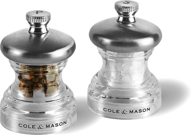 COLE & MASON Precision Grind Button Salt and Pepper Mill Gift Set, Acrylic and Stainless Steel/Clear, 6.5 cm - Image 1