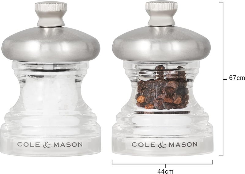 COLE & MASON Precision Grind Button Salt and Pepper Mill Gift Set, Acrylic and Stainless Steel/Clear, 6.5 cm - Image 3