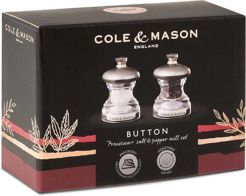 COLE & MASON Precision Grind Button Salt and Pepper Mill Gift Set, Acrylic and Stainless Steel/Clear, 6.5 cm - Image 2