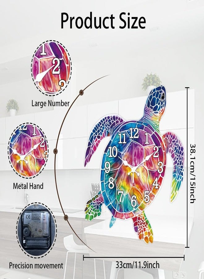 CHGCRAFT Turtle Wall Clock Colorful Tortoise Non-Ticking Clock Irregular Shape Decorative Wall Clocks Printed Clocks for Home Office Decoration,15×13 inch - Image 2