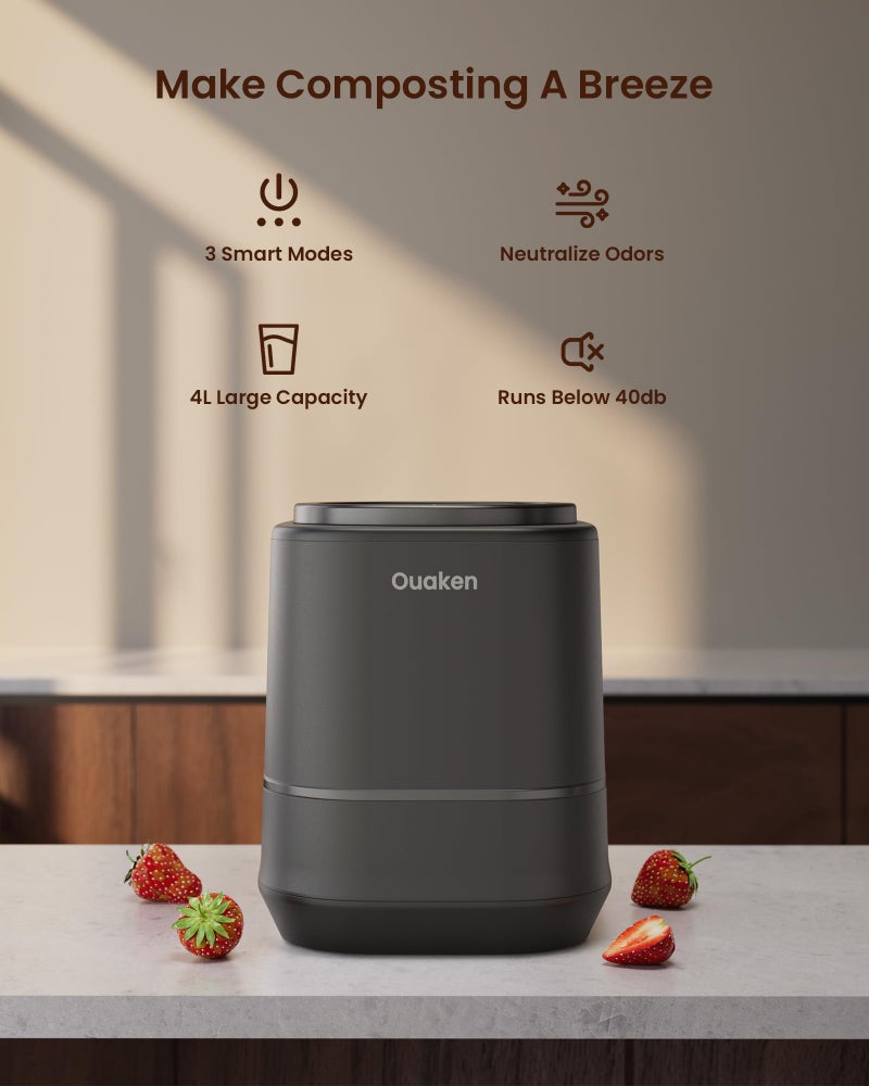 Ouaken 4L Electric Composter for Kitchen, Smart Countertop Compost Bin, Odorless | Low Noise | Auto-Cleaning | Turn Food Waste into Fertilizer, Indoor Food Waste Compost Machine, Black - Image 2