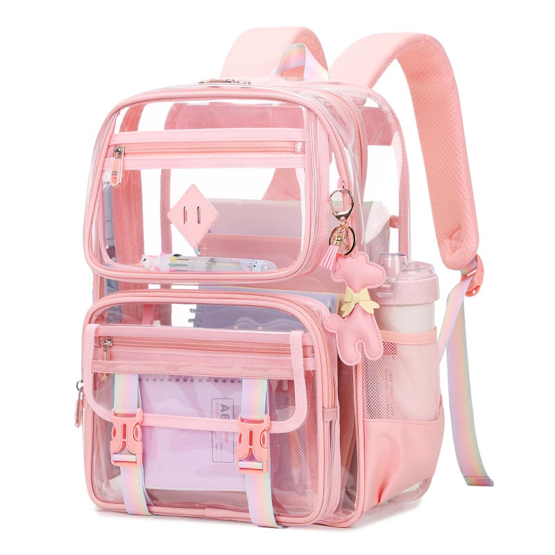 Sisipoet Clear Backpack for School PVC Clear Bookbag Heavy Duty Transparent Backpack for Stadium Events Multiple Pockets See Through Bag for Teens Girls Women with Leather Pendant Pink - Image 2