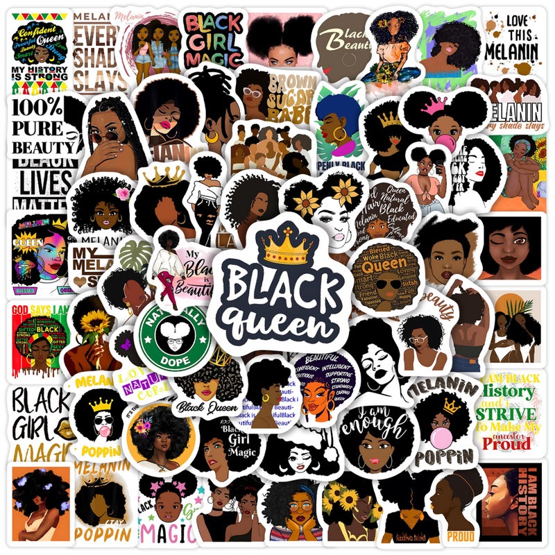 Robmoda 70 Pcs Black Girl Stickers for Water Bottle, Melanin Power Aesthetics Laptop Decals, Adults Teens Girls Women Waterproof Vinyl Phone Cases Skateboards Luggage Bicycles Guitars Decor - Image 1