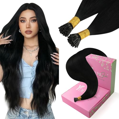 YoungSee I Tips Hair Extensions Human Hair Black Itip Hair Extensions Real Human Hair Jet Black 14 Inch 50g I Tip Hair Extension for Short Hair Easy to Wear 80s Remy Human Hair - Image 1