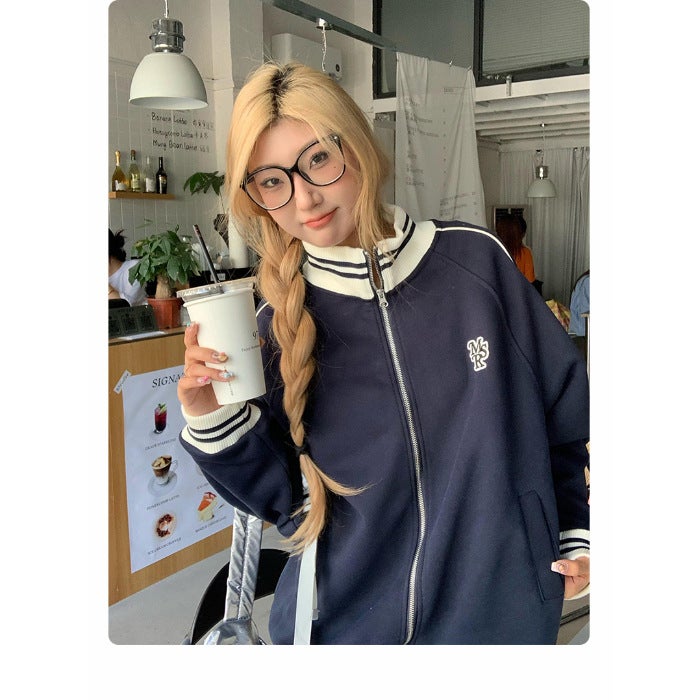 Korean Style Slack Embroidered Baseball Suit Womens Casual Cardigan Collar Top Autumn and Winter Lovers Jacket Coat Navy blue