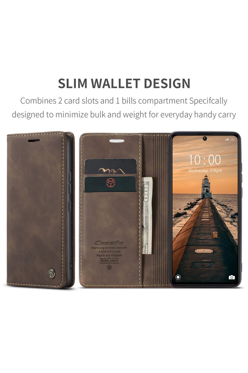 CaseMe Xiaomi Redmi Note 13 Pro 5G Wallet Case Book Folding Flip Folio Case with Magnetic Kickstand Card Slots Protective Cover - Coffee - Image 2