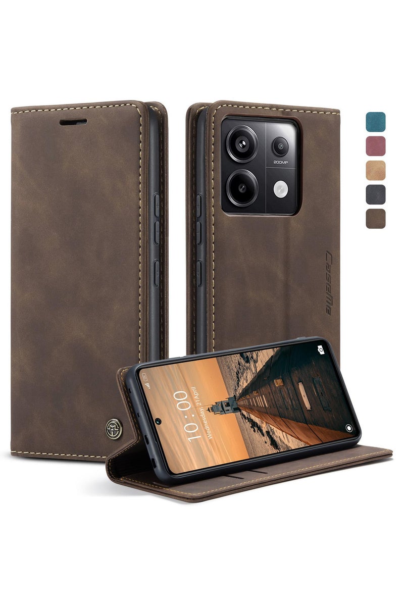 CaseMe Xiaomi Redmi Note 13 Pro 5G Wallet Case Book Folding Flip Folio Case with Magnetic Kickstand Card Slots Protective Cover - Coffee - Image 1