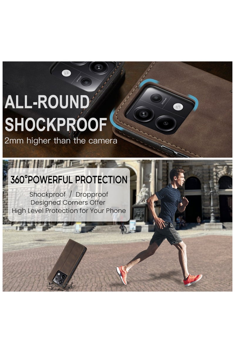 CaseMe Xiaomi Redmi Note 13 Pro 5G Wallet Case Book Folding Flip Folio Case with Magnetic Kickstand Card Slots Protective Cover - Coffee - Image 4