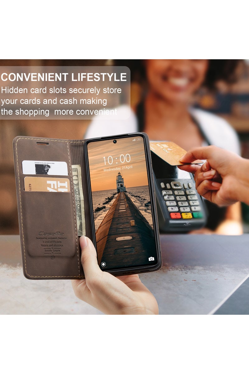 CaseMe Xiaomi Redmi Note 13 Pro 5G Wallet Case Book Folding Flip Folio Case with Magnetic Kickstand Card Slots Protective Cover - Coffee - Image 5
