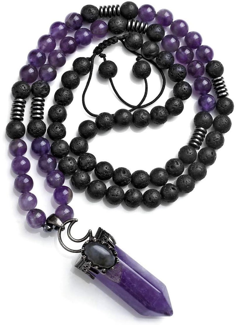 Jovivi Jovivi Lava Rock Stones Healing Crystal Necklace Natural Amethyst Crystal Quartz Tiger Eye Gemstone Hexagonal Prism Pendant Healing Pointed Reiki Energy Balancing 