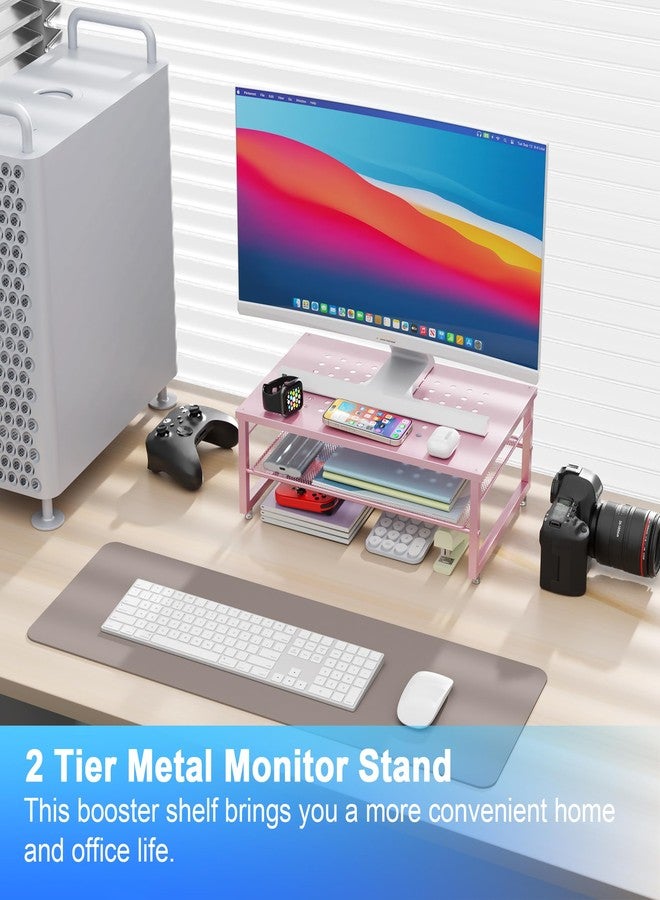Gianotter 2-Tier Metal Monitor Stand Riser, Workspace Organizer with Desk Accessories, Office Storage for Supplies (Pink) - Image 2