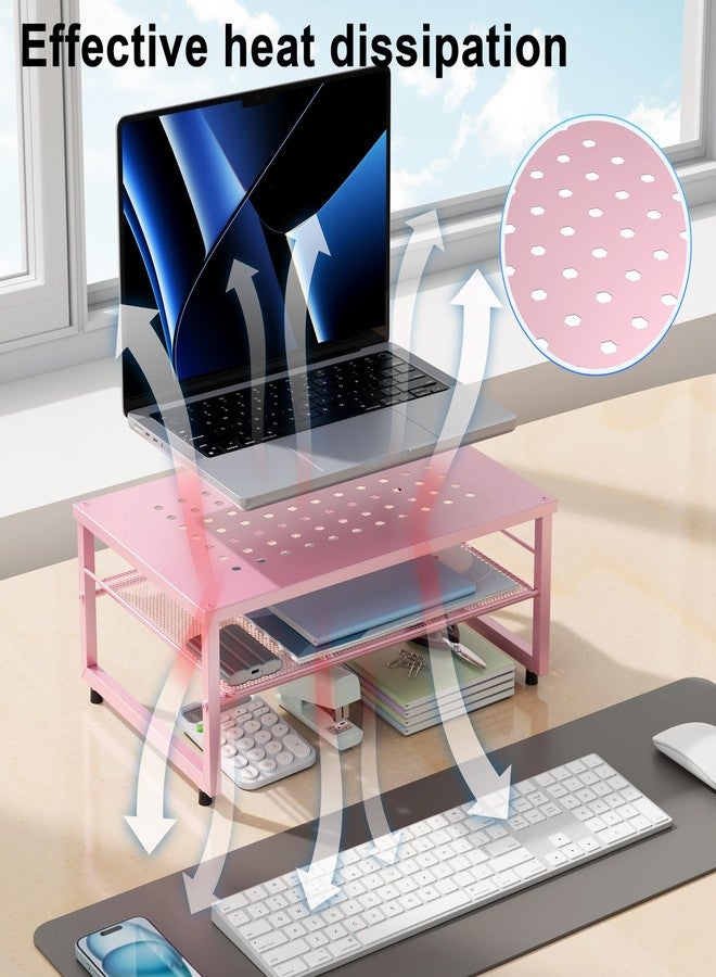 Gianotter 2-Tier Metal Monitor Stand Riser, Workspace Organizer with Desk Accessories, Office Storage for Supplies (Pink) - Image 3