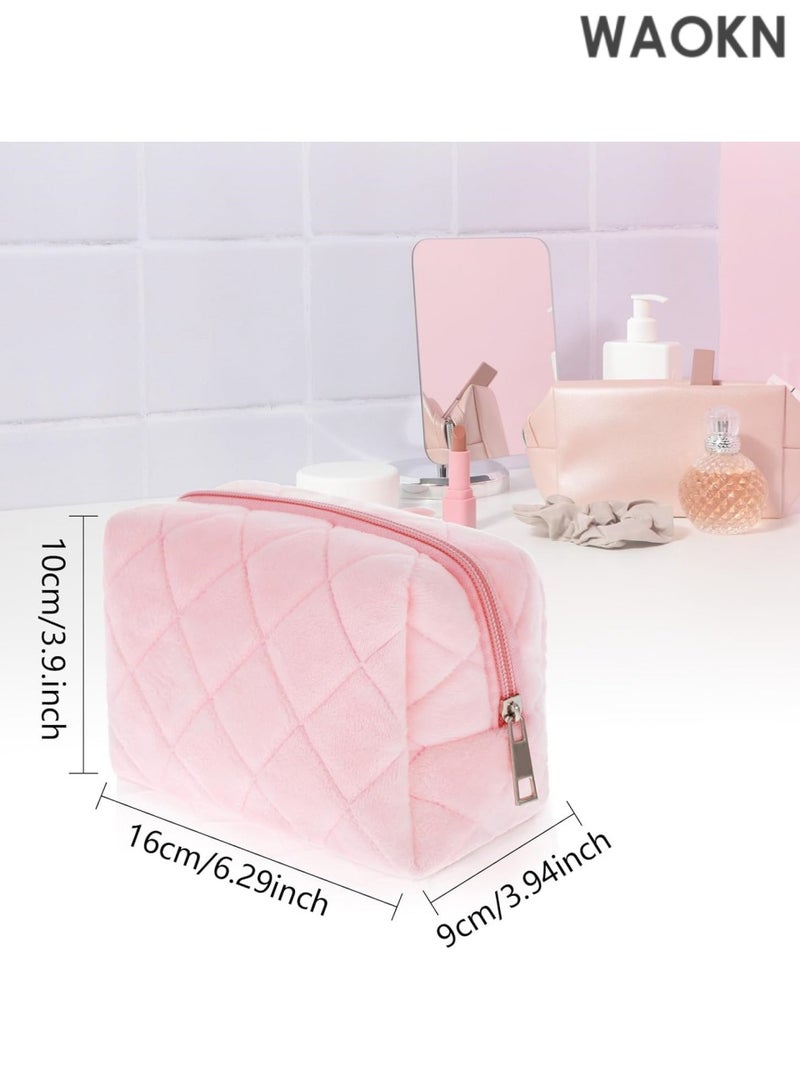 WAOKN Cosmetics Bag, Small Fluffy Makeup Bag, Pink Checkered Cosmetic Travel Bags for Women, Cute Trendy Skincare Bags for Toiletry and Makeup Storage, Compact Makeup Travel Bag Toiletry Bags - Image 2