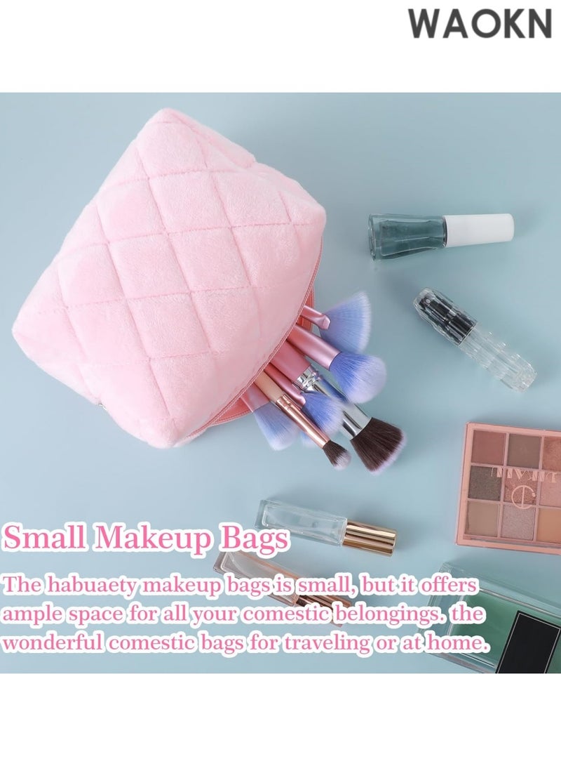 WAOKN Cosmetics Bag, Small Fluffy Makeup Bag, Pink Checkered Cosmetic Travel Bags for Women, Cute Trendy Skincare Bags for Toiletry and Makeup Storage, Compact Makeup Travel Bag Toiletry Bags - Image 5